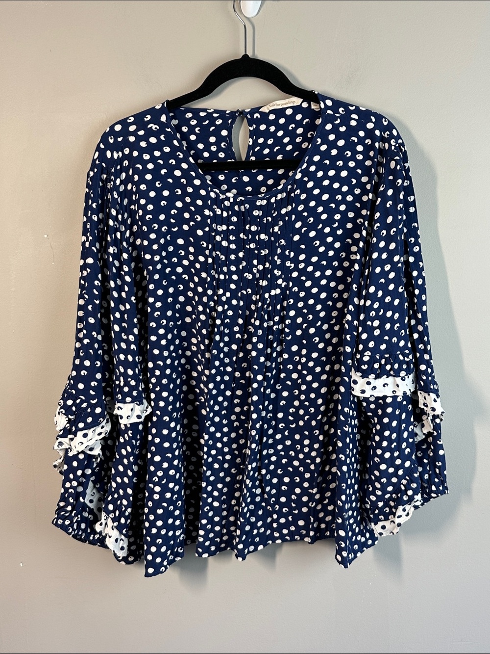 Soft Surroundings Sonrisa Blue White Polka Dot Ruffle 3/4 Sleeve Blouse Size 2X